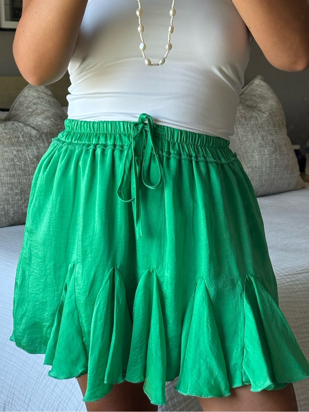 HYFVE Emerald Green Ruffle-Hem Drawstring Mini Skirt